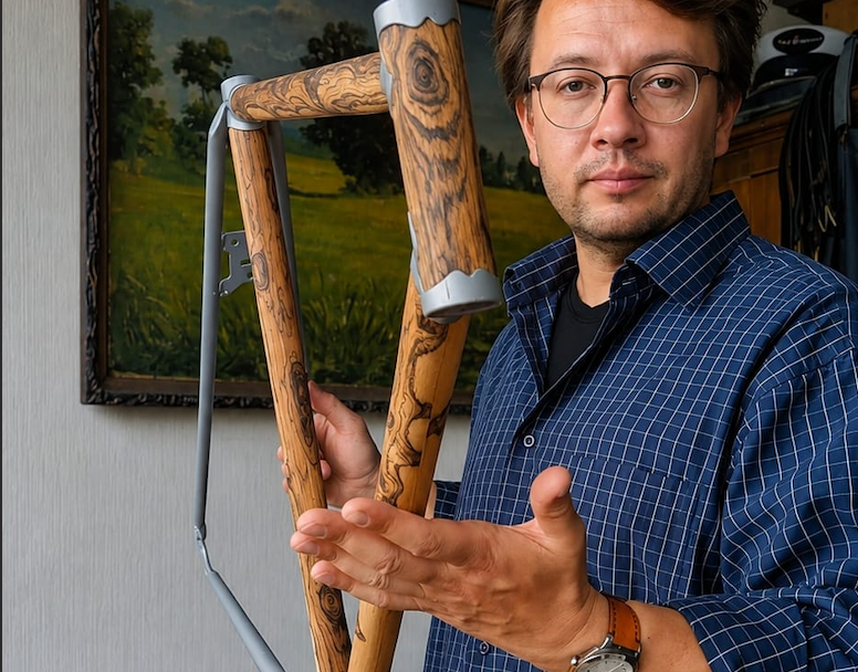Maker holding a veneered bicycle frame
